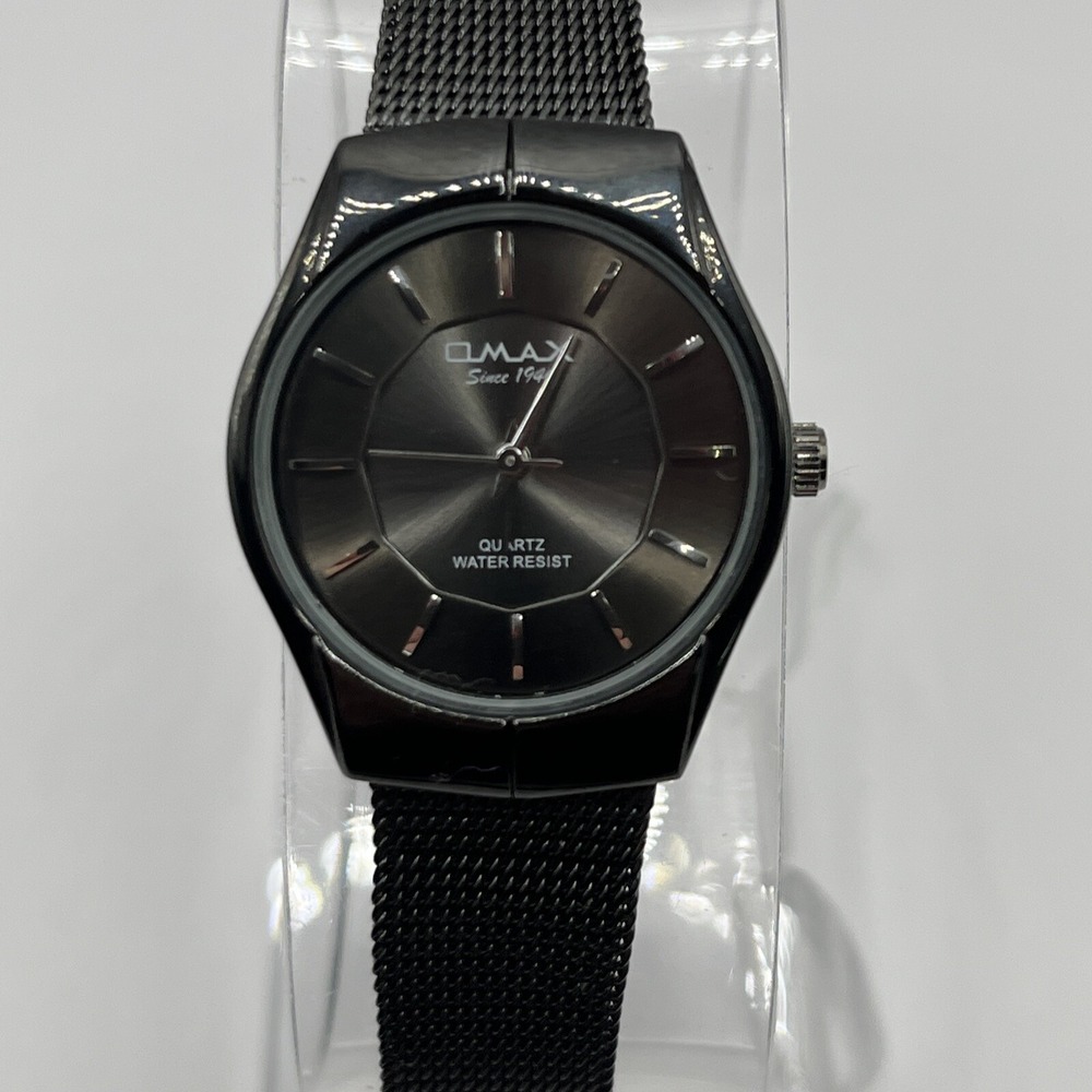 Omax Men's Watch Slim Case Round Black Dial Black Mesh Style Band- New Battery!